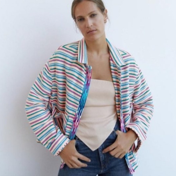 NWT Zara L Lagenlook Boho Hippie  Rainbow Neon Striped Oversized Leslie Shirt - Picture 4 of 15